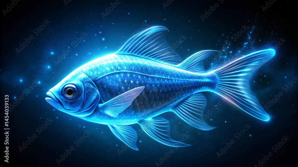 Luminous Aquatic Creature Glowing in Deep Blue Waters, Mystical Underwater Scene with Sparkling Effects Luminous Aquatic Creature Glowing in Deep Blue Waters, Mystical Underwater Scene with Sparkling Effects