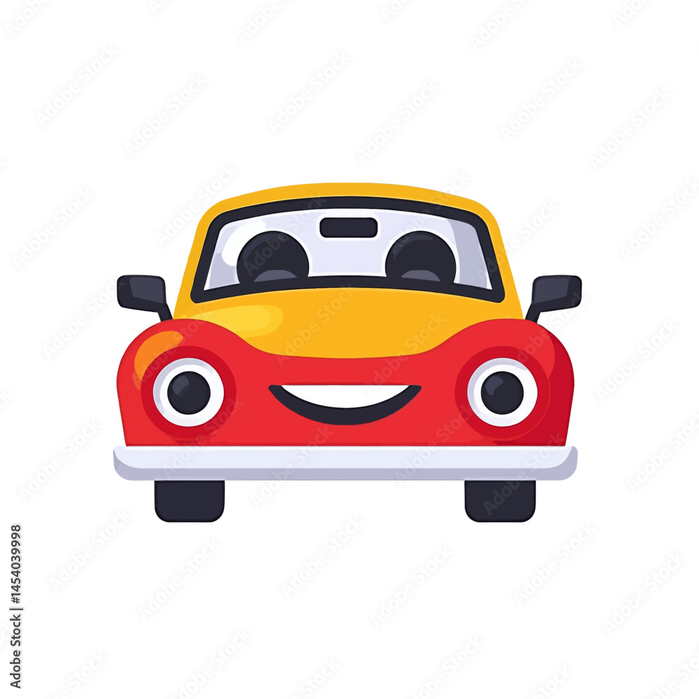 Fototapeta premium Smiling Cartoon Car, Red And Yellow, Vector Illustration For Children's Designs