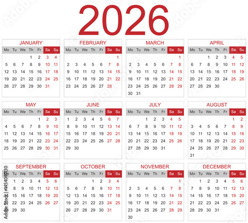 Modèle de calendrier 2026 pour agenda, planificateur, organiseur avec mois et semaines en anglais - textes vectorisés et non vectorisés sur calques séparés