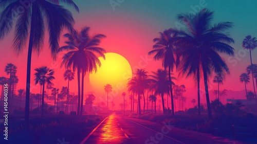 Beautiful vibrant sunset with colorful sky over palm trees and a road in a tropical landscape creating a relaxing and serene atmosphere du twilight