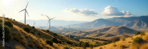 Wind farm overlooking a valley dotted with solar arrays , energy independence, renewable energy
