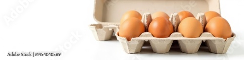 A dozen brown eggs in a cardboard carton, white background , agriculture, diet, brown eggs