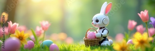 A robotic bunny with pastel eggs in its Easter baskets sits amidst spring flowers , flowers, holiday, clean