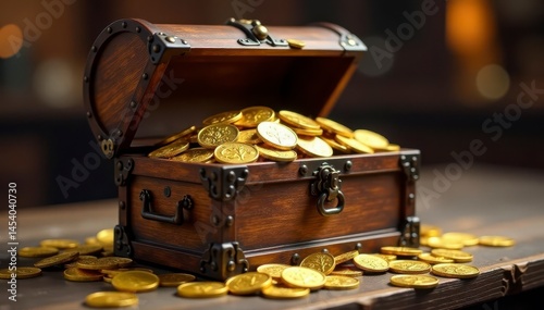 Antique wooden chest overflows with gold coins , wealth, shadow