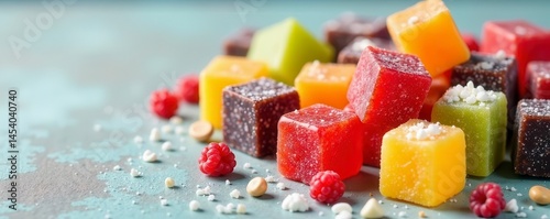Assorted Turkish delight cubes, various colors and flavors, macro, delicious, honey