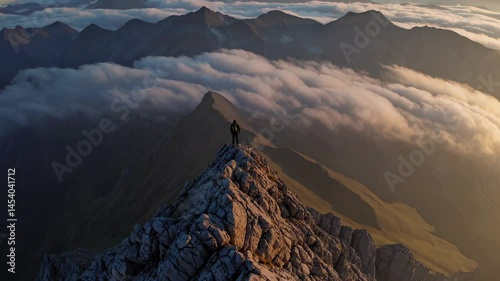  Explorer perches on jagged ridge, peak freedom lifts spirit toward vast horizon, peak freedom unchains mind. Peak freedom echoes courage concept of fearless resolve.