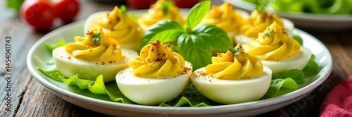 Deviled eggs arranged on a spring-themed platter with fresh salad garnish, deviled eggs, easter, radish