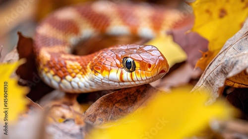 A corn snake slithering through dry leaves