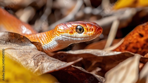 A corn snake slithering through dry leaves