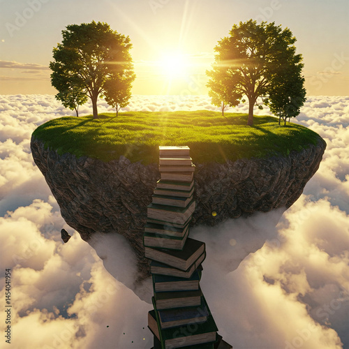 Surreal Floating Island with Trees at Sunrise and Staircase Made of Books Rising Above the Clouds – Conceptual Fantasy Landscape Representing Knowledge, Imagination, and Dreamlike Escape