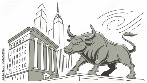 Black Bull Statue stands in front of stock market chart, representing energy and passion for trading, strength and prosperity bustling