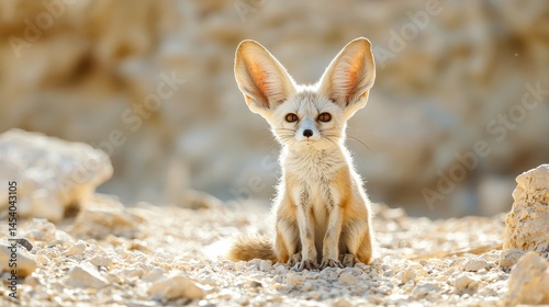 A fennec fox with big ears sitting in the desert