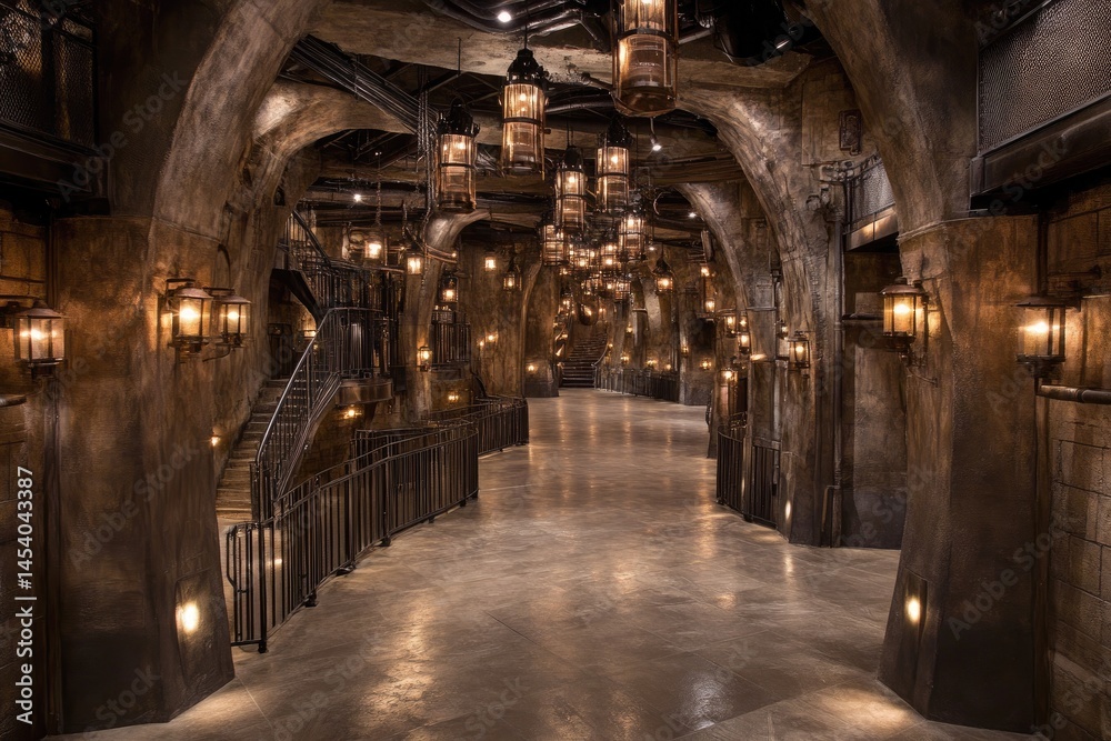 Fototapeta premium Lit, aged corridor featuring arched ceiling, sconces, railings, and stairway for a cavernous setting