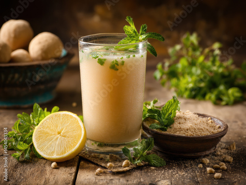 Refreshing Sattu Sharbat with Light Beige Hue, Mint Garnish, and Lemon Slice