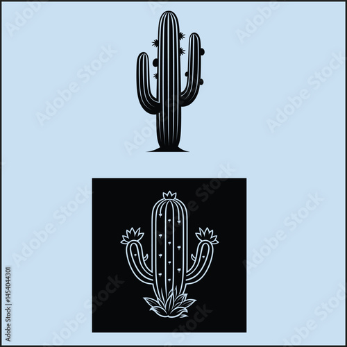 Black Silhouette Set of a Cactus Clipart on White