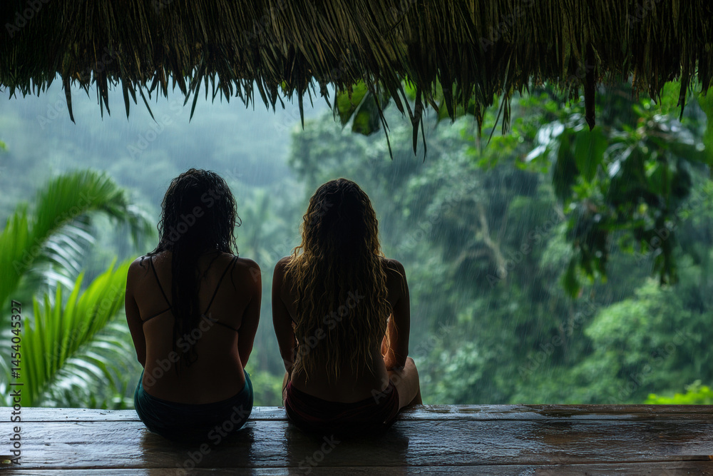Two young women sit under a thatched roof, watching tropical rain fall over the lush forest, enjoying a calm and intimate nature moment.