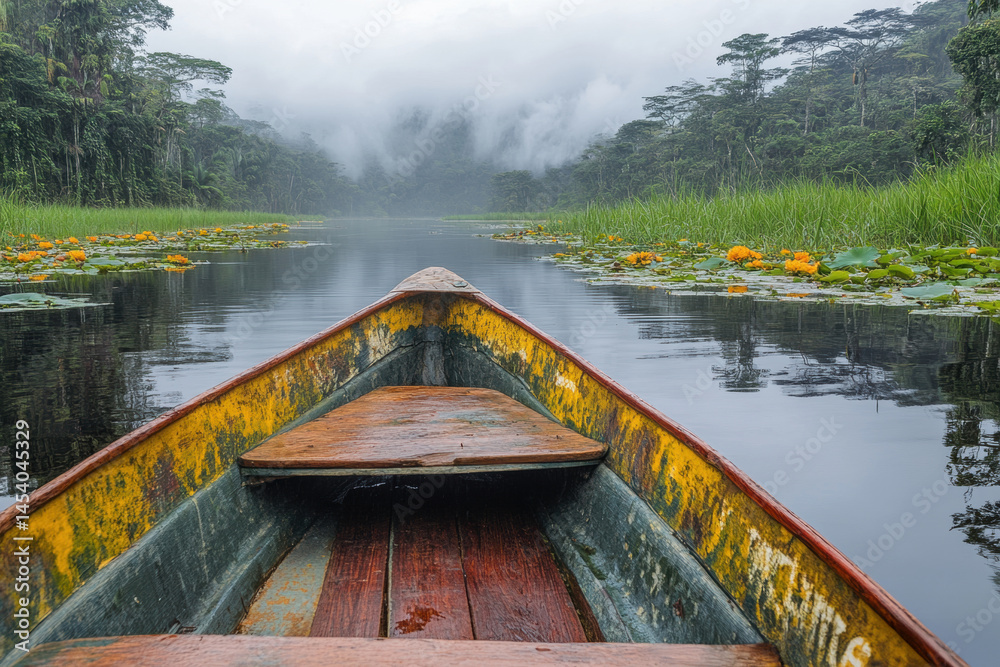 Wooden canoe moves through an Amazon river covered in mist, surrounded by water lilies and lush jungle vegetation in a magical tropical scene.