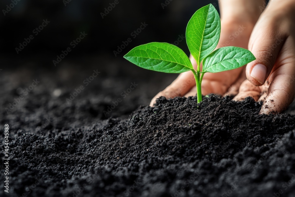 Human hands gently protect a green sprout emerging from rich soil, symbolizing growth, sustainability, and care for the environment.