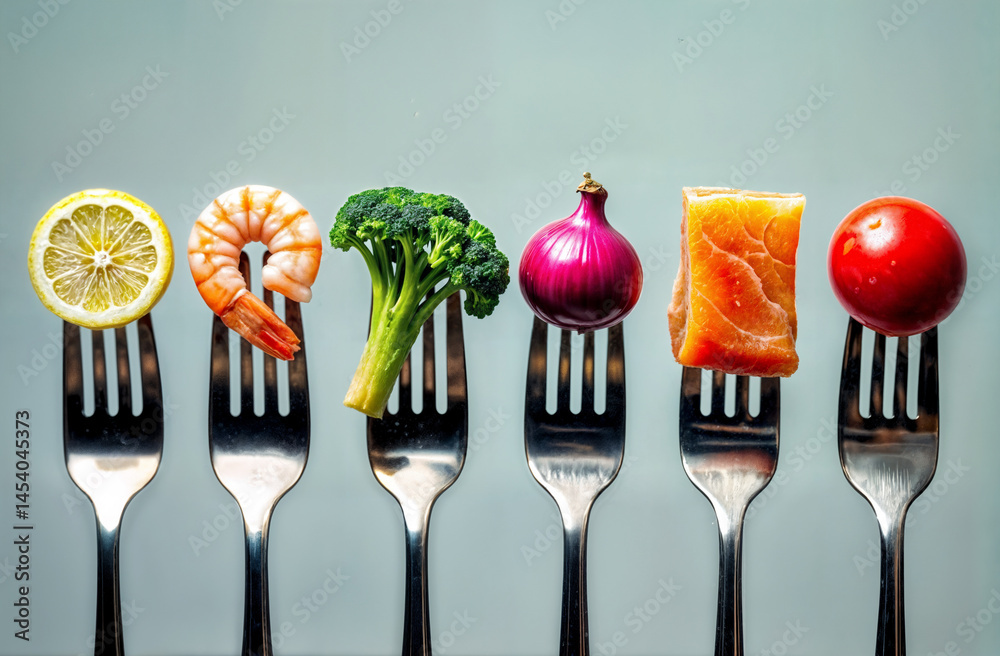 Colorful healthy foods like lemon, shrimp, and broccoli on forks against a blue background. Appetizing nutrition concept for diets and wellness
