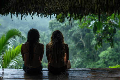 Obraz na płótnie Two young women sit under a thatched roof, watching tropical rain fall over the lush forest, enjoying a calm and intimate nature moment. w salonie
