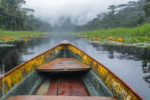 Obraz na płótnie Wooden canoe moves through an Amazon river covered in mist, surrounded by water lilies and lush jungle vegetation in a magical tropical scene. w salonie