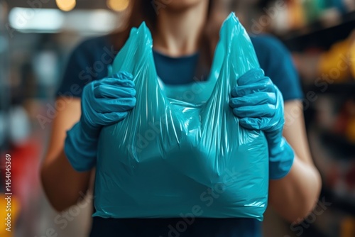 Young person with blue gloves holds a sealed plastic bag in a commercial setting, conveying hygiene, packaging, and modern distribution practices.