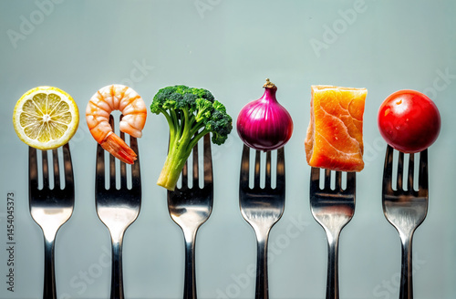 Obraz na płótnie Colorful healthy foods like lemon, shrimp, and broccoli on forks against a blue background. Appetizing nutrition concept for diets and wellness w salonie