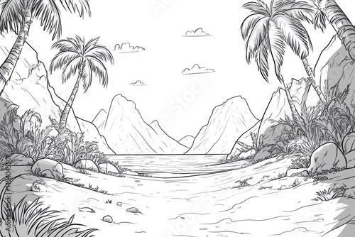 Monochrome illustration of a tropical beach surrounded by mountains, palm trees, and lush vegetation, with a sandy path in the center of the scene.