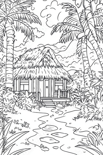 Black and white illustration of a tropical palm-roof hut surrounded by lush vegetation and palm trees, set in a peaceful, natural island landscape.