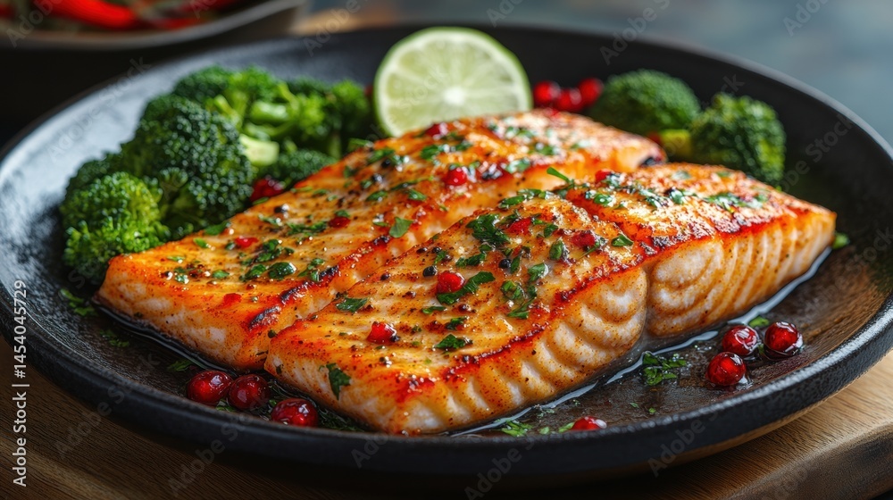 Delicious grilled salmon fillet seasoned with spices and fresh herbs, served with broccoli. Food photography with natural light highlighting vibrant textures and color.