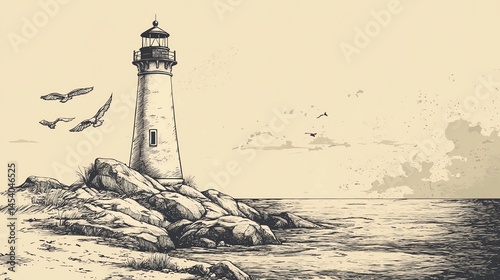 Ink illustration depicts a solitary lighthouse perched on rocks, with seagulls and a cloudy sky.