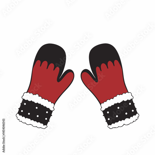 Cozy red mittens with white trim and black cuffs on white background  