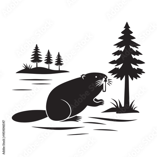 Beaver chewing on tree in a forest landscape  
