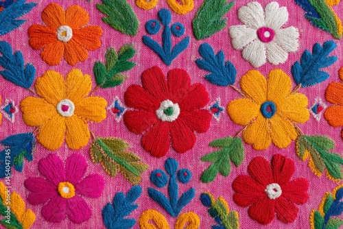 Indian phulkari embroidery featuring vibrant floral patterns in bright colors on a pink fabric background, showcasing intricate craftsmanship and cultural artistry