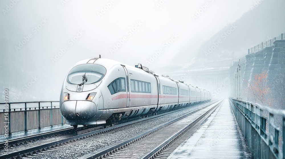 Fototapeta premium Highspeed train crossing a railway bridge in dramatic landscape perspective