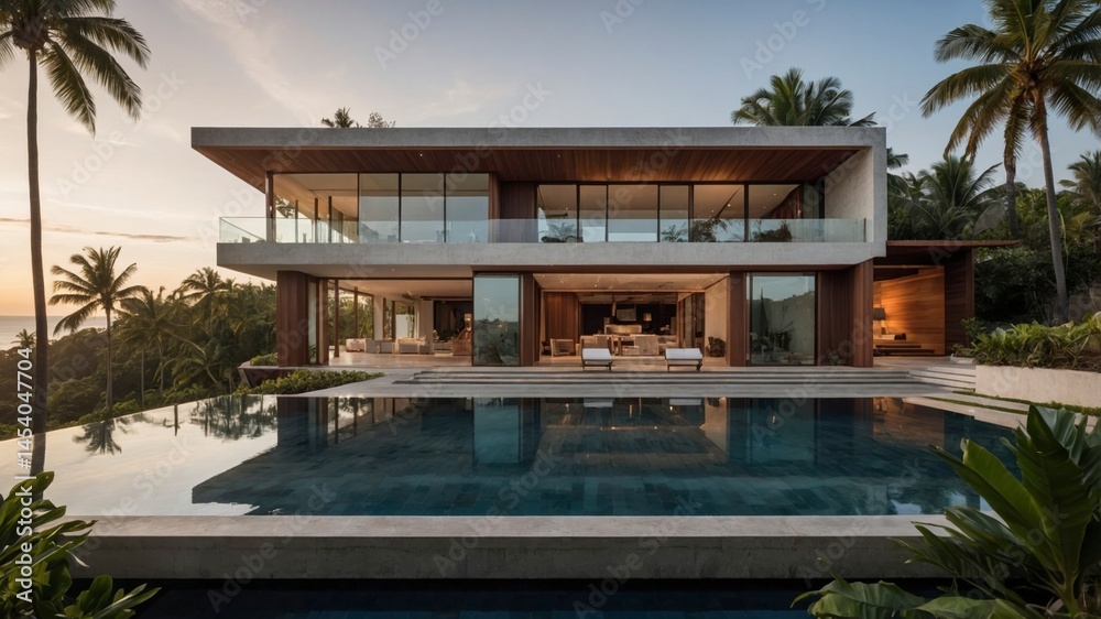 Fototapeta premium Stunning modern house featuring a pool in the exterior design with minimalist aesthetic surrounded by lush greenery and warm lighting