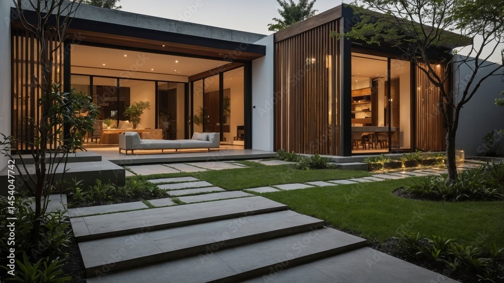 Fototapeta premium Stylish modern house exterior featuring minimalist design accents and natural wood surrounded by lush greenery and soft evening lighting