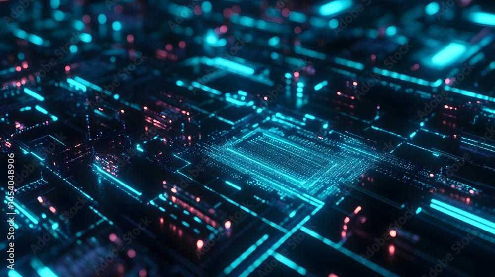 Fototapeta premium Glowing Circuitry: A futuristic view of a circuit board, with glowing neon lines and intricate details that embody the essence of cutting-edge technology.