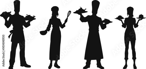 Vector silhouette of chefs holding dishes and kitchen utensils