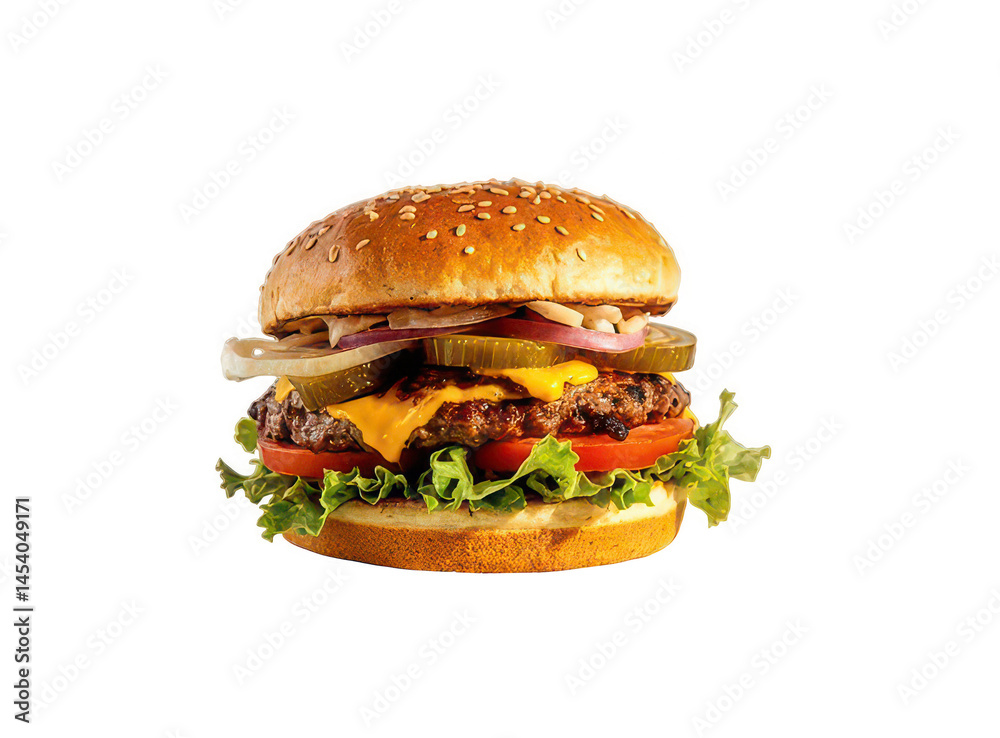 Fresh tasty hamburger with beef, cheese, sauce, tomatoes, pickled cucumber and lettuce in a crispy fresh bun. Tasty snack. Menu. PNG file. Fresh tasty hamburger with beef, cheese, sauce, tomatoes, pickled cucumber and lettuce in a crispy fresh bun. Tasty snack. Menu. PNG file.