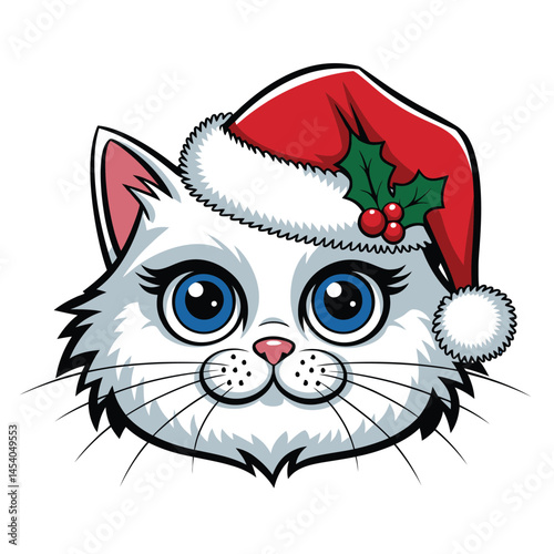 Cute Christmas Cat in Santa Hat with Holly