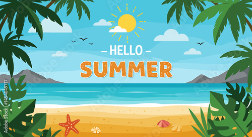 Flat vector illustration of a vibrant summer beach scene with palm trees, a sunny sky, and a relaxing beach chair. Perfect for summer holiday promotions