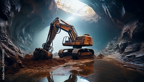 Wallpaper Mural An excavator operates inside a large underground cave, illuminated by sunlight streaming through an opening above. Torontodigital.ca