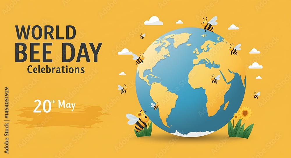 Naklejka premium Cartoon Bees Buzzing Around Earth Globe for World Bee Day Celebration on May 20th, in a Bright and Cheerful Yellow, Promoting Biodiversity and Environmental Awareness