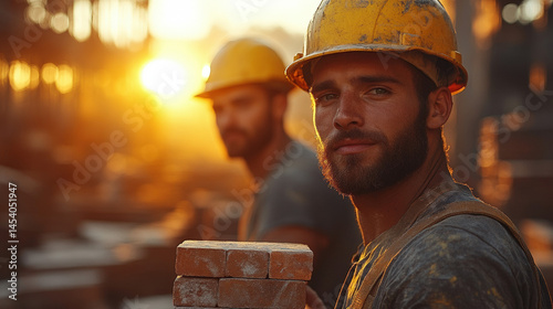 Two construction workers at sunset, one in focus carrying bricks, the other blurred in the background