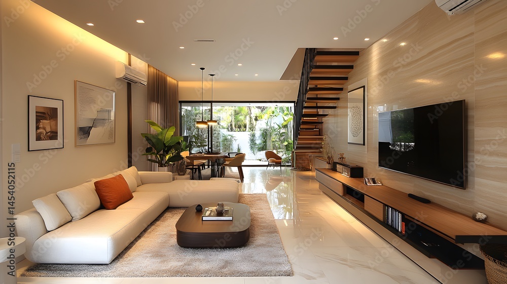 Fototapeta premium modern architectural home interior with bright lighting, clean wood furniture, lifestyle scene,