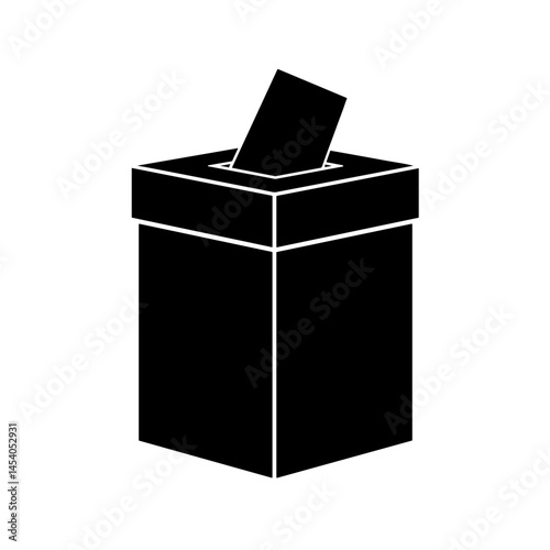 Voting box silhouette with ballot paper on white background, democracy