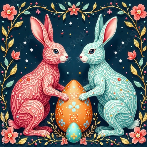 Intricate line art rabbits and eggs forming a delicate lace-like pattern, pattern, artwork, clipart