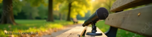 Podcast microphone on park bench, nature sounds, tranquil, autumn
