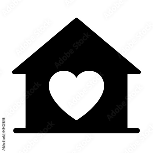 Heart symbol within a house silhouette on white background, care concept